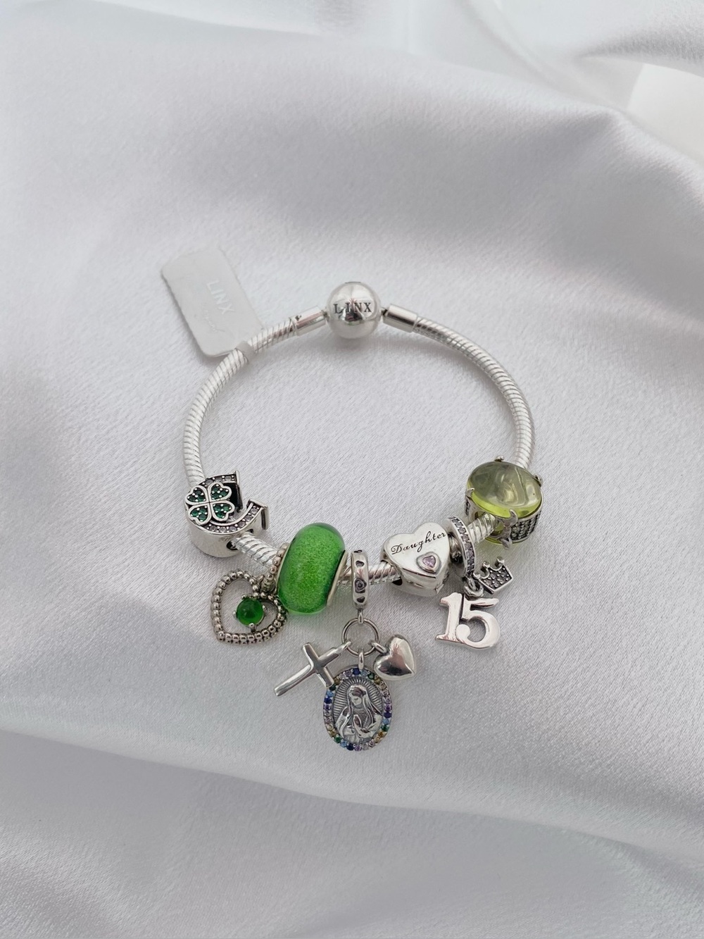 Linx Snake Chain Bracelet with Green Religious Quinceanera Themed Charms